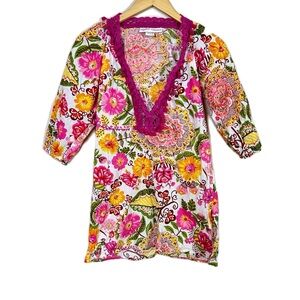 Monique Leshman Floral Pom Pom Blouse Top Boho Tunic Cotton Women’s Medium‎